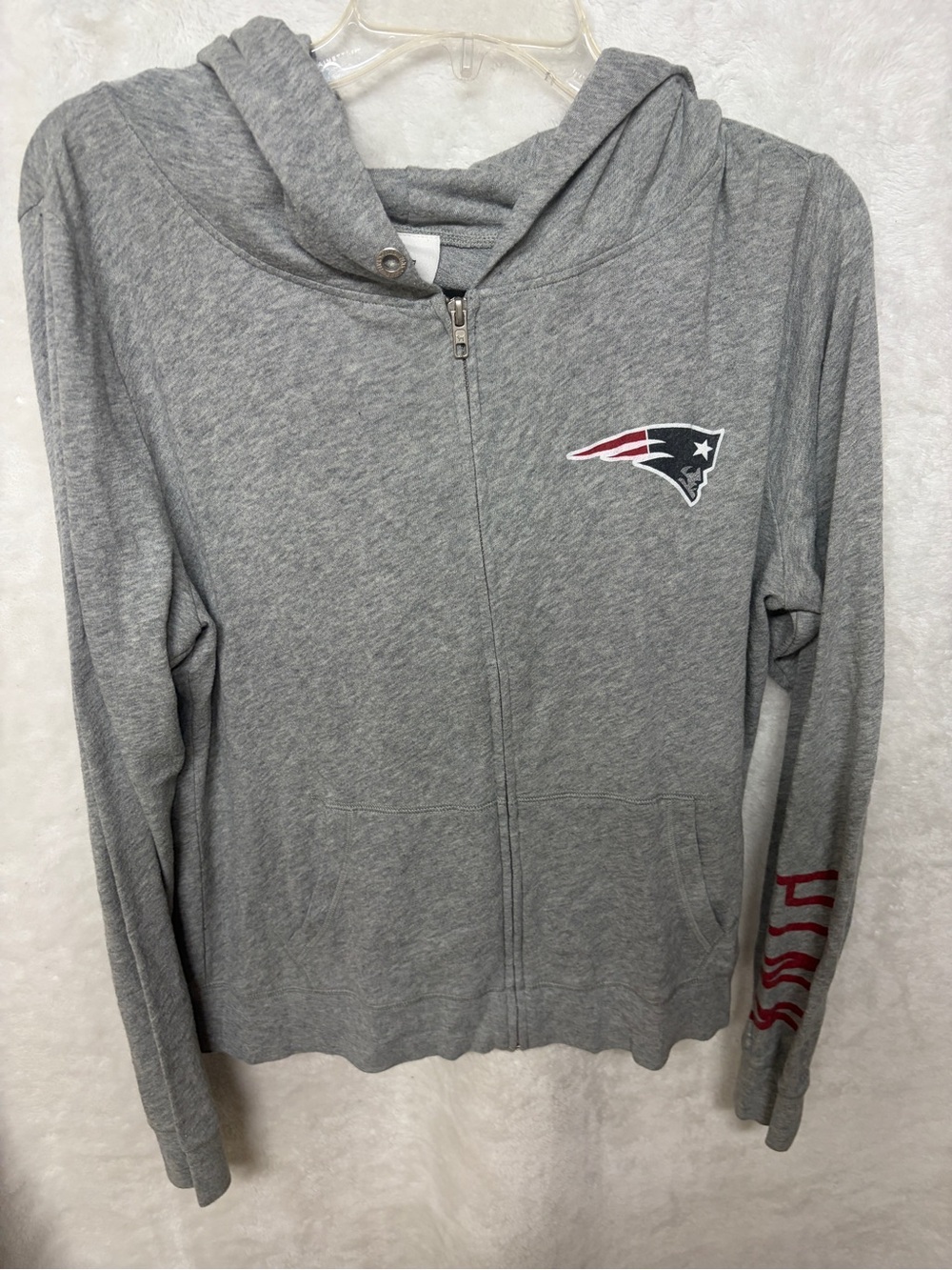 Victoria's Secret PINK Light Heather Gray Zip-Up Hoodie. NE Patriots